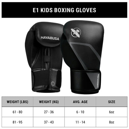 Guantes de Box Hayabusa E1 para Niños (Negro / Gris) (Disponible por Encargo)