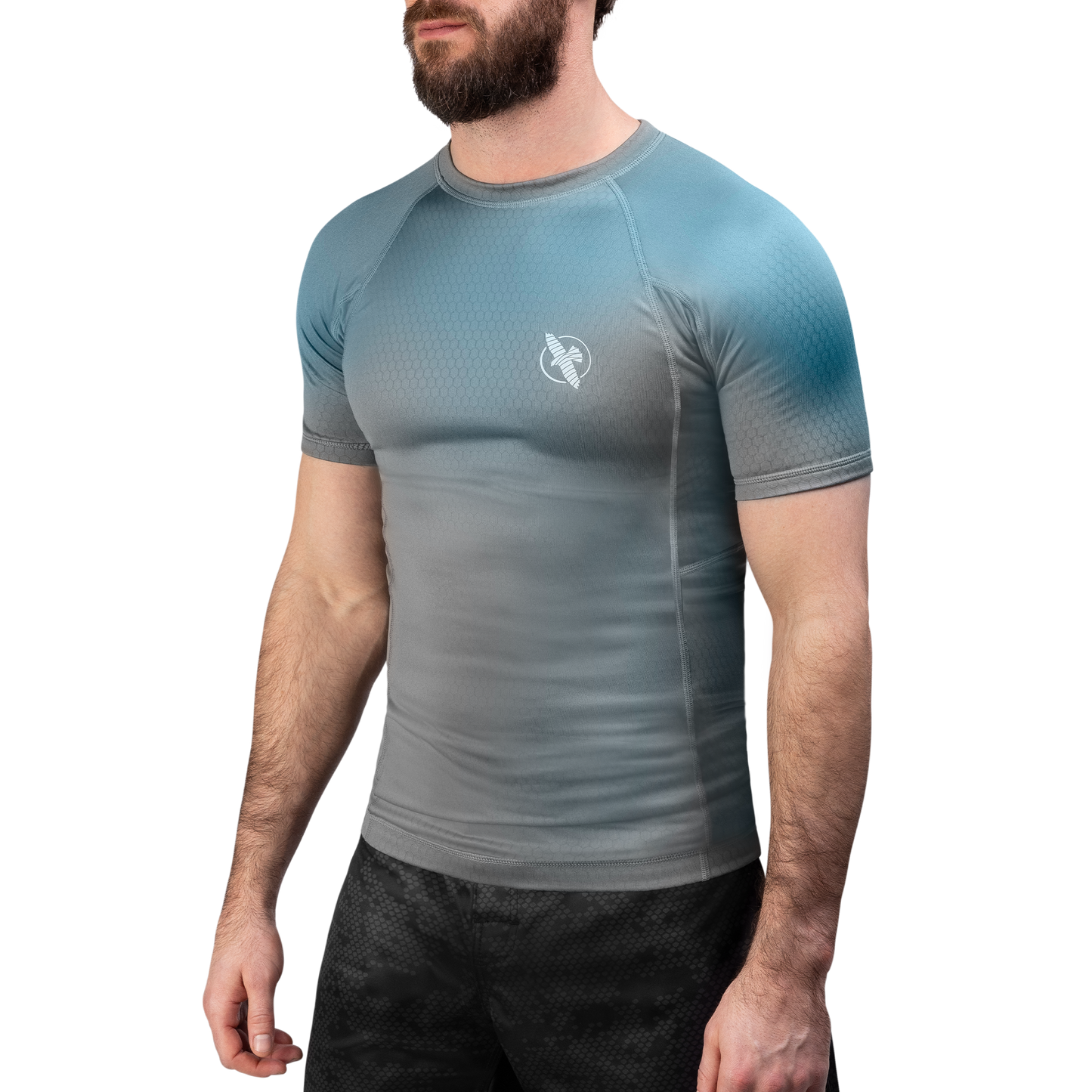Rashguard Manga Corta para Hombre Hayabusa Fusion (Gris / Celeste) (Disponible por Encargo)